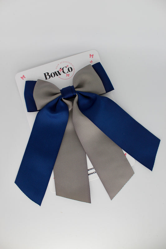 Double Layer Tail Bow - Clip - Navy Blue and Grey