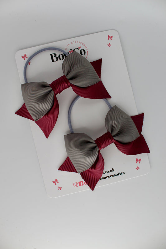 Double Knot Bow Tail Set - Elastic - Burgundy and Metal Grey