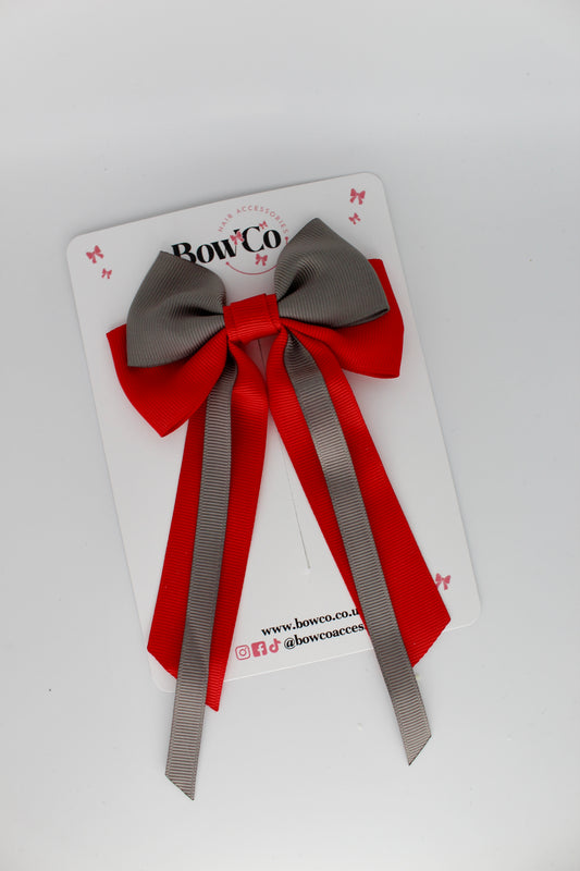 Streamer Tail Bow - Clip - Red and Metal Grey