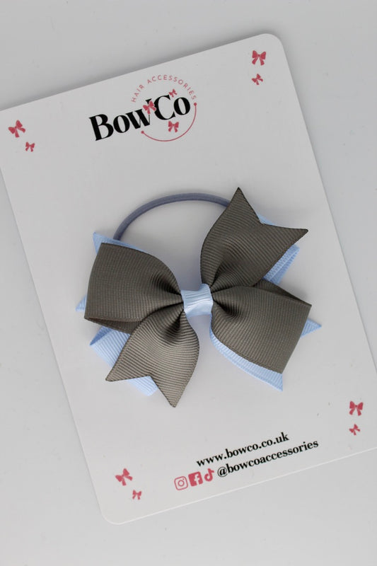 3 Inch Layer Tail Bow - Elastic - Bluebell and Metal Grey
