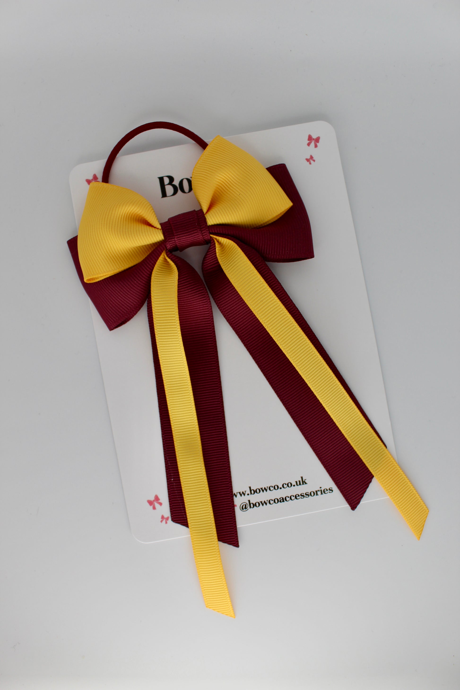 Streamer Tail School Hair Bow – Elastic - Burgundy and Yellow Gold