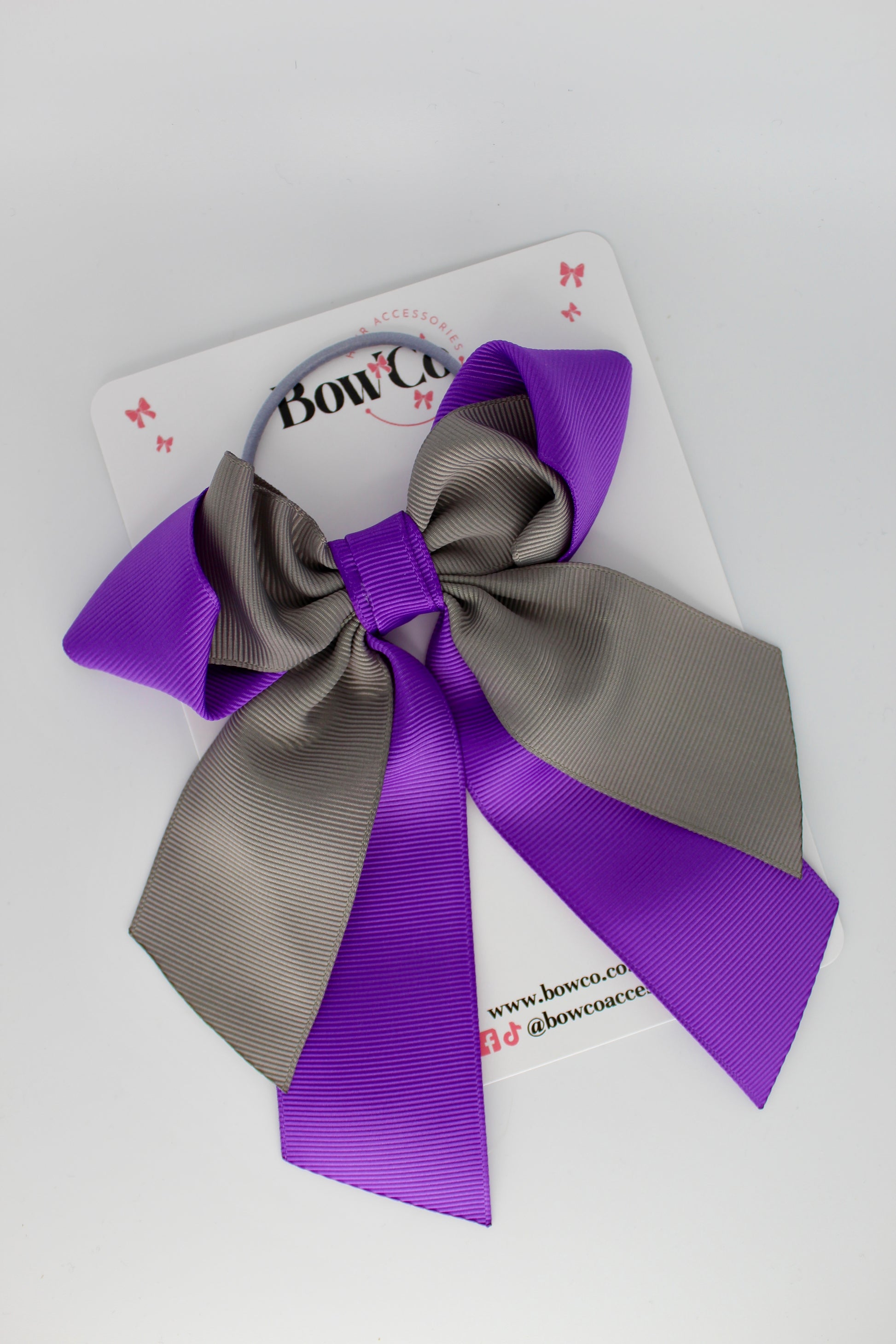 Layer Loop Tail Hair Bow - Elastic - Purple and Metal Grey