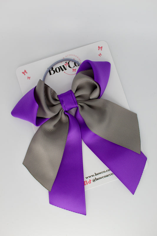 Layer Loop Tail Hair Bow - Elastic - Purple and Metal Grey