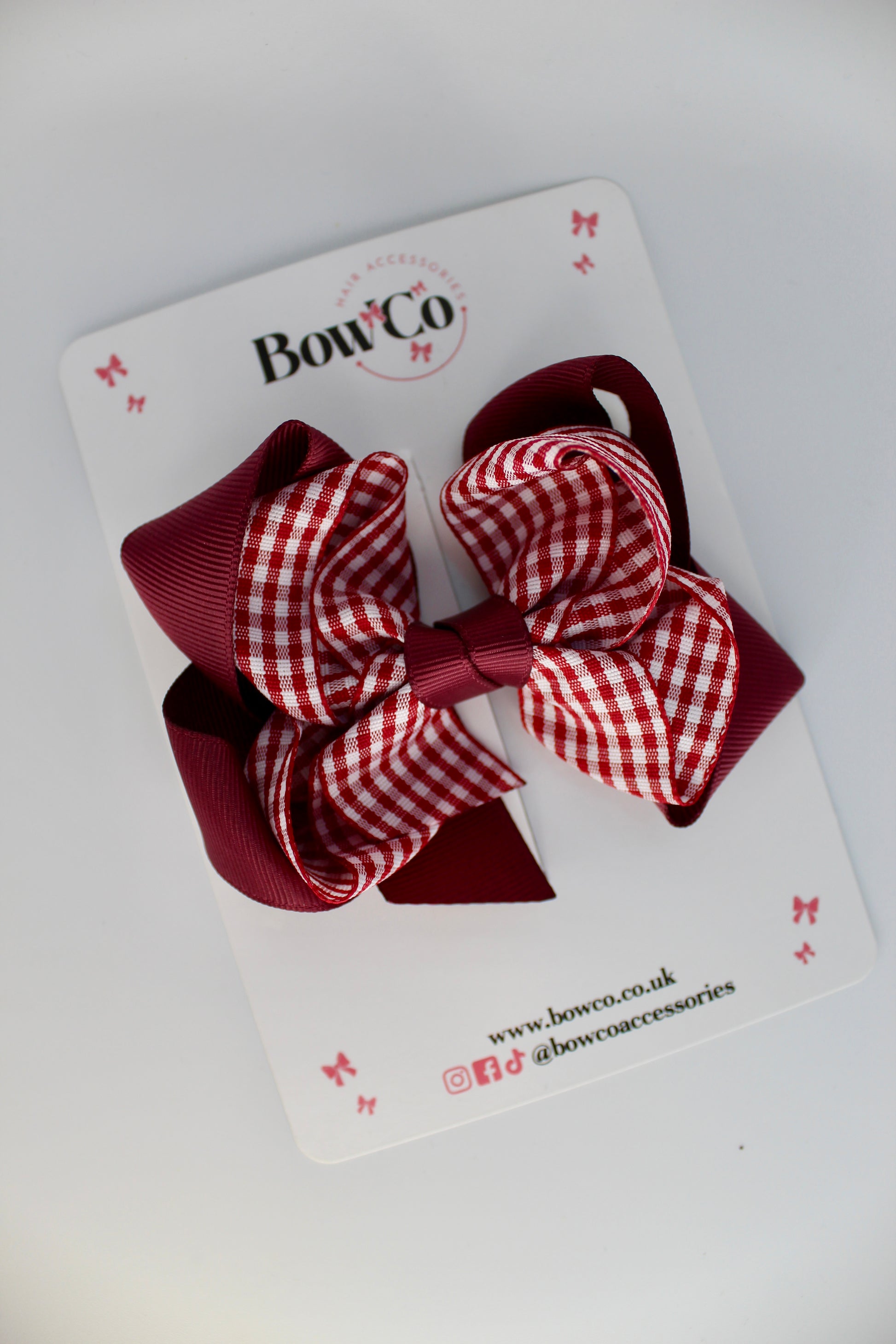 School Bow Burgundy Gingham Double Loop Bow - Clip