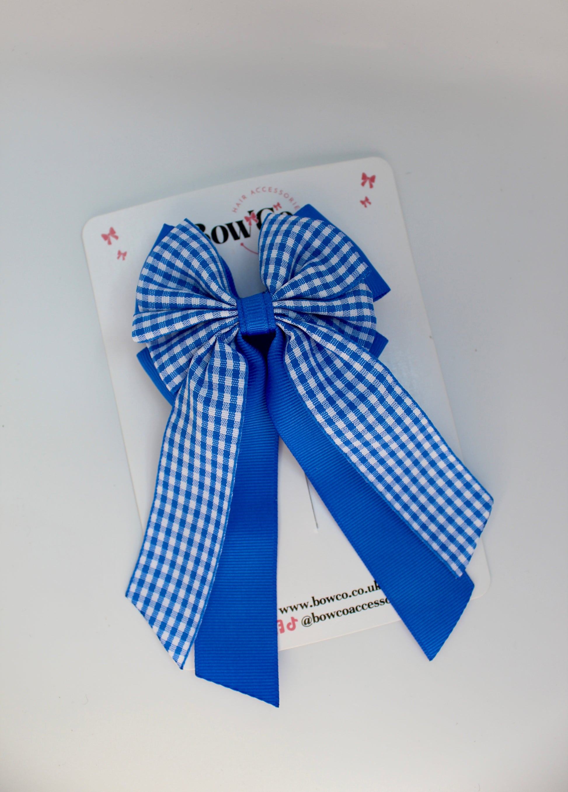 School Royal Blue Gingham Layer Edge Tail Bow - Clip