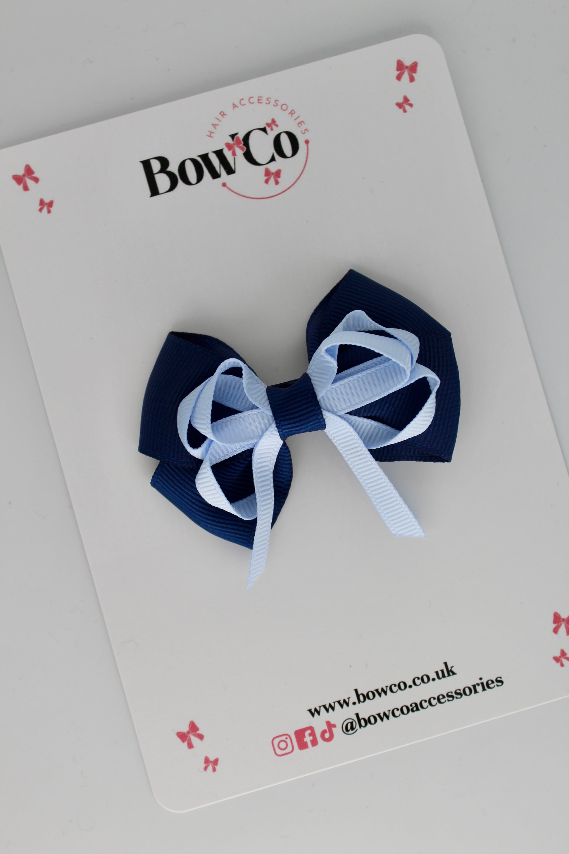 Navy Blue and Bluebell - Double Bow - Clip