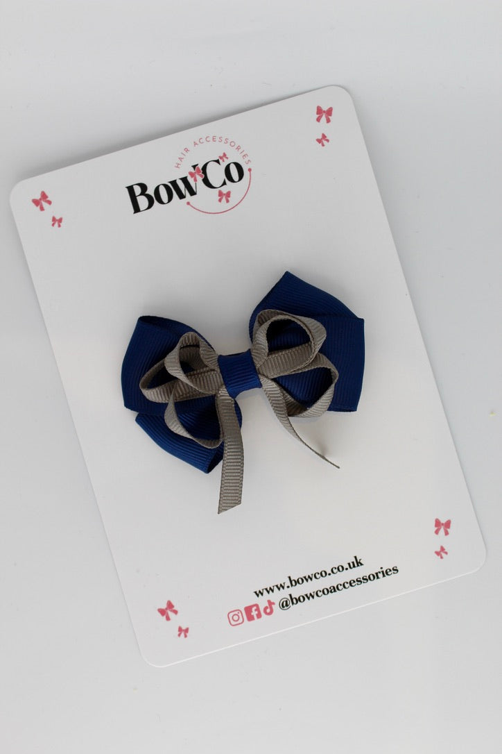 Navy Blue and Metal Grey - Double Bow - Clip