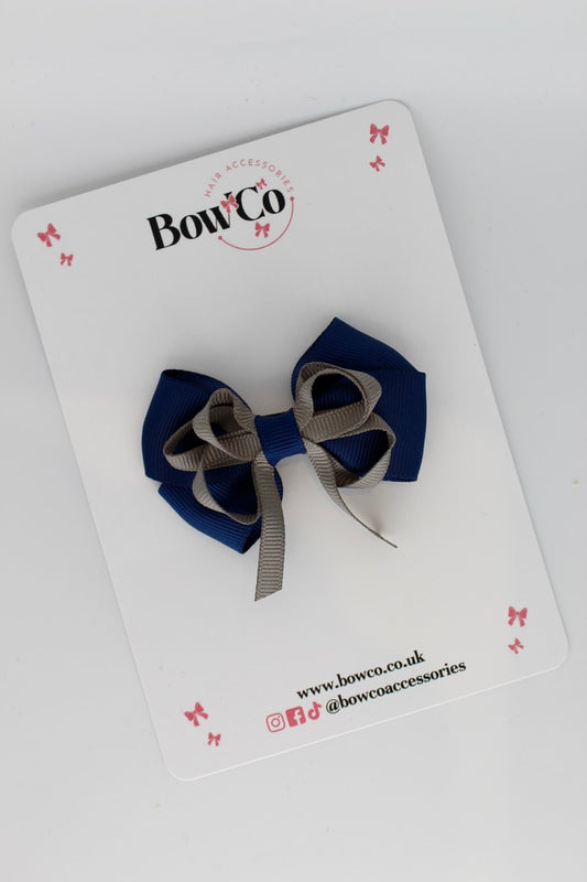 Navy Blue and Metal Grey - Double Bow - Clip