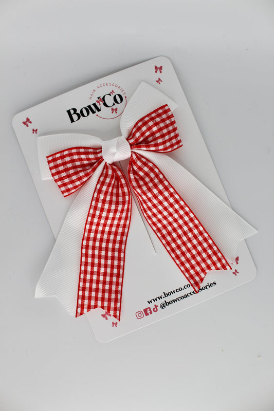 Double Ribbon Tail Bow - Red Gingham - Clip