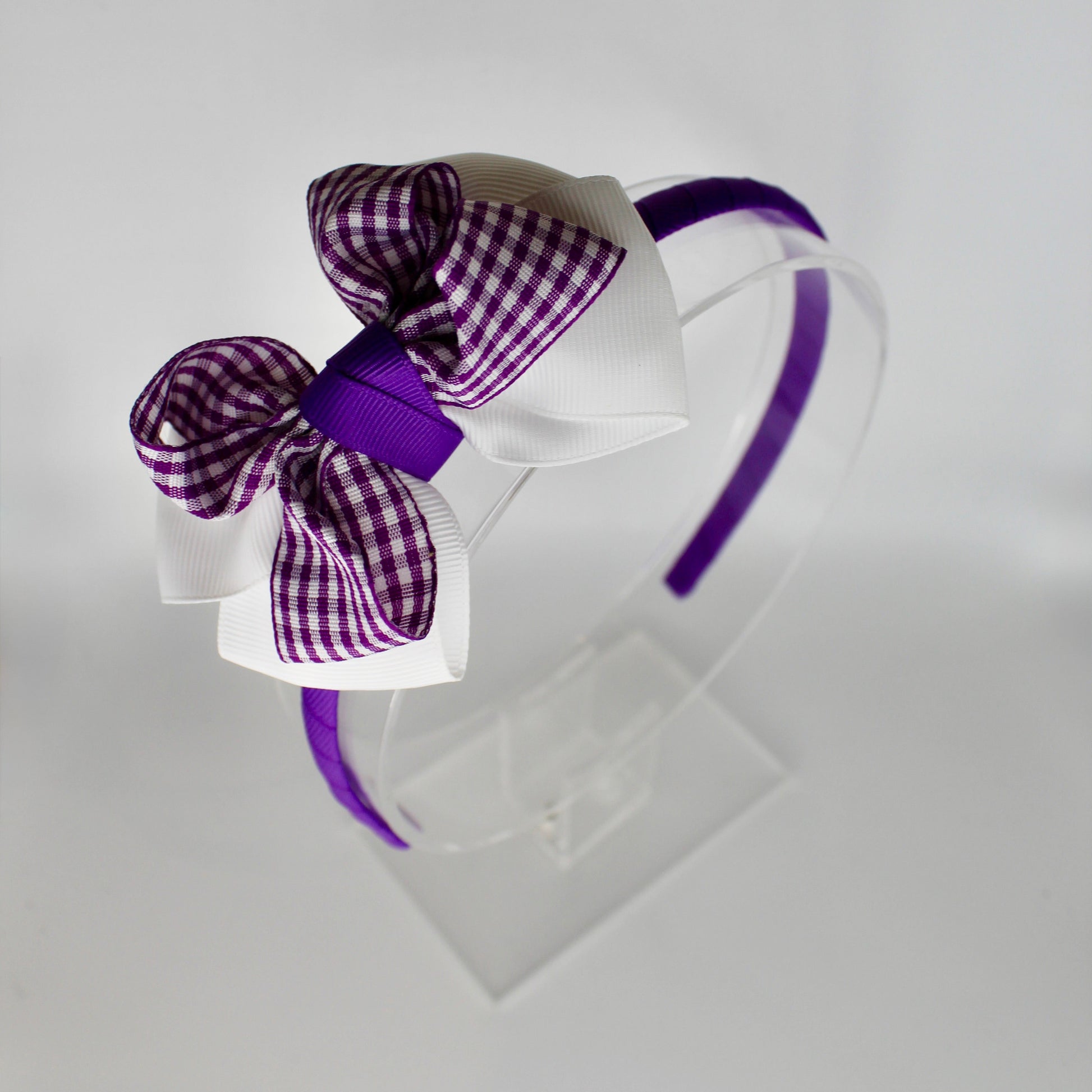 Double Loop School Headband - Purple and White Gingham