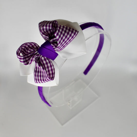 Double Loop School Headband - Purple and White Gingham