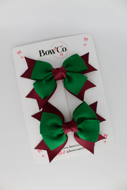 Knot Bow Set - Clip - Forest Green and Burgundy