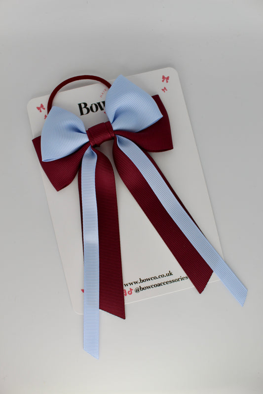 Streamer Tail School Hair Bow – Elastic - Burgundy and Bluebell