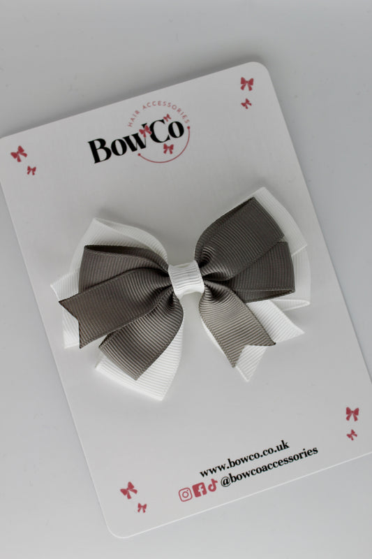 Metal Grey and White - Double Tail Bow - Clip