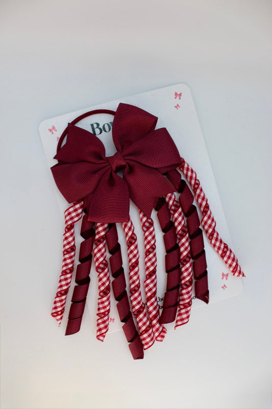 School Bow Burgundy Gingham Pinwheel Corker Bow - Elastic