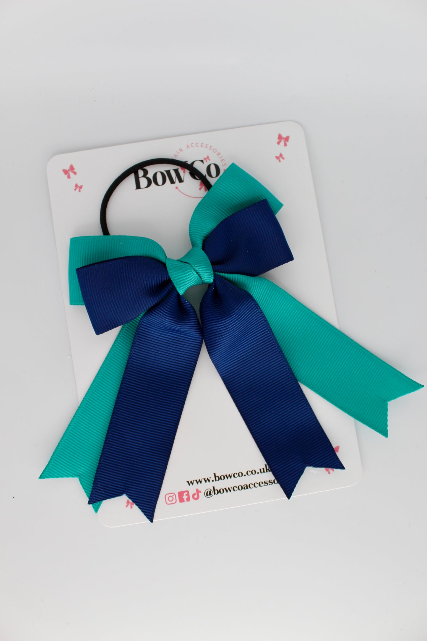 Double Ribbon Tail – Elastic - Jade Green and Navy Blue