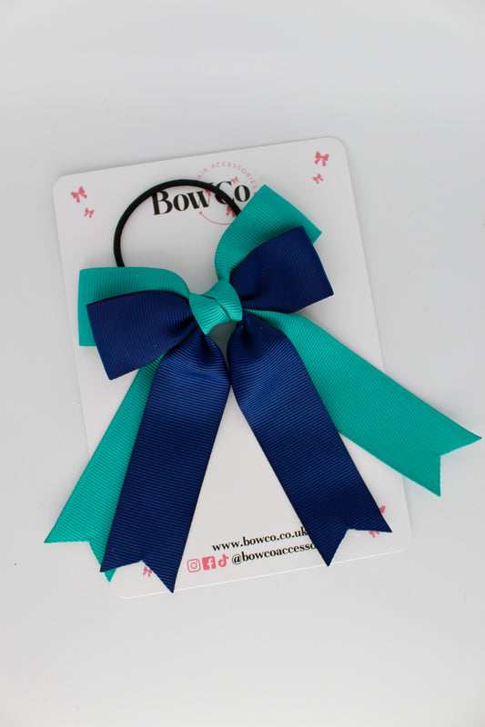 Double Ribbon Tail – Elastic - Jade Green and Navy Blue