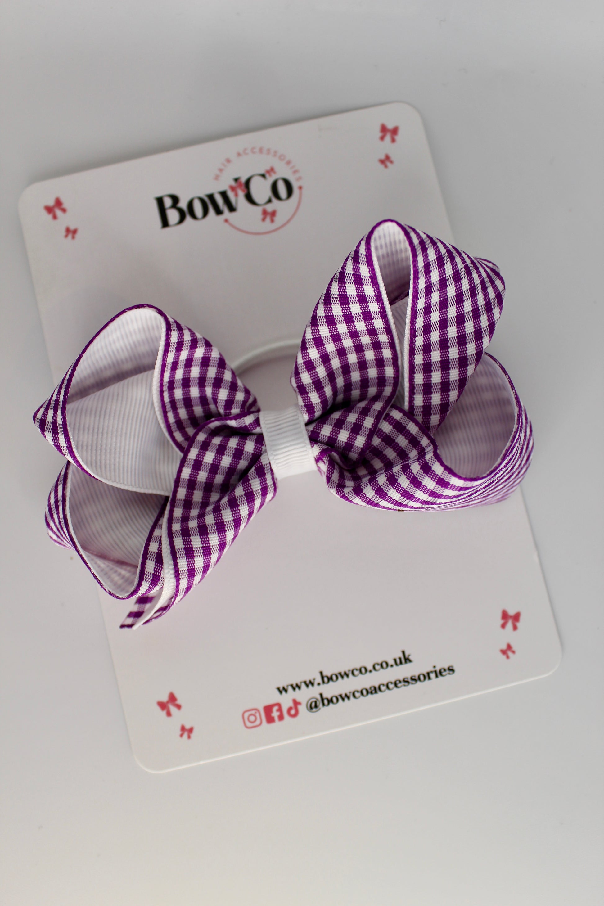 School Bow Purple and White Gingham Loop Bow - Elastic