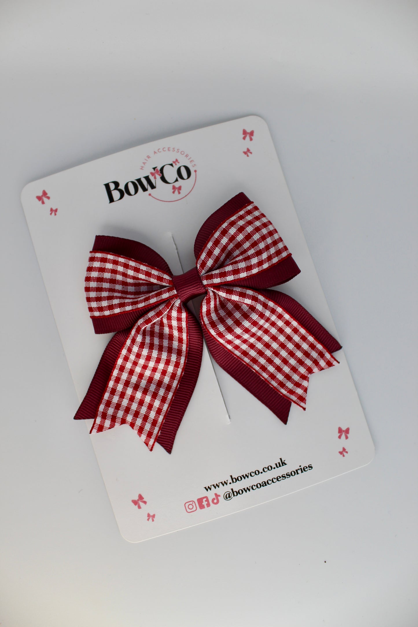 School Burgundy Gingham Tail Bow Clip
