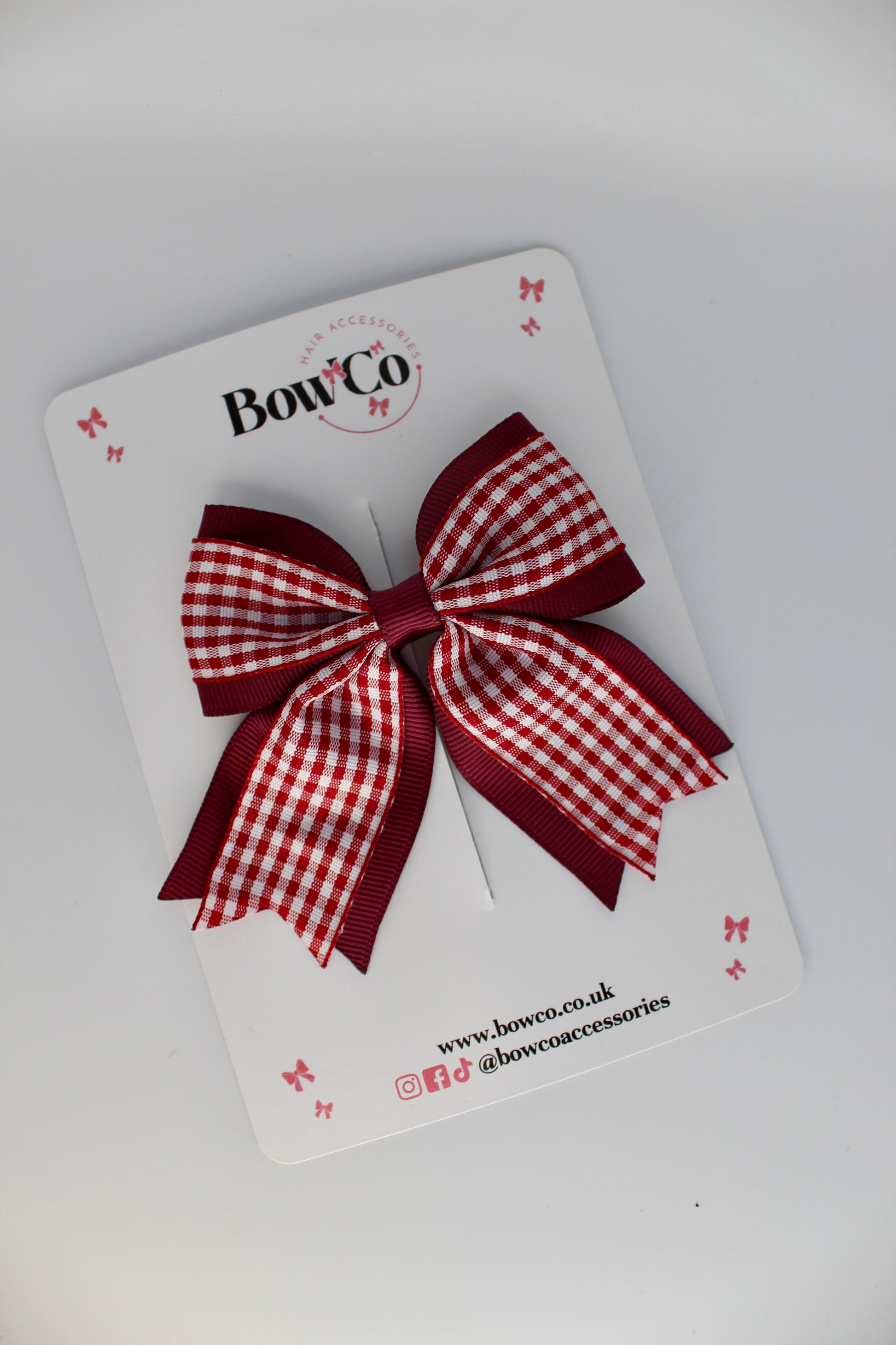 School Burgundy Gingham Tail Bow Clip