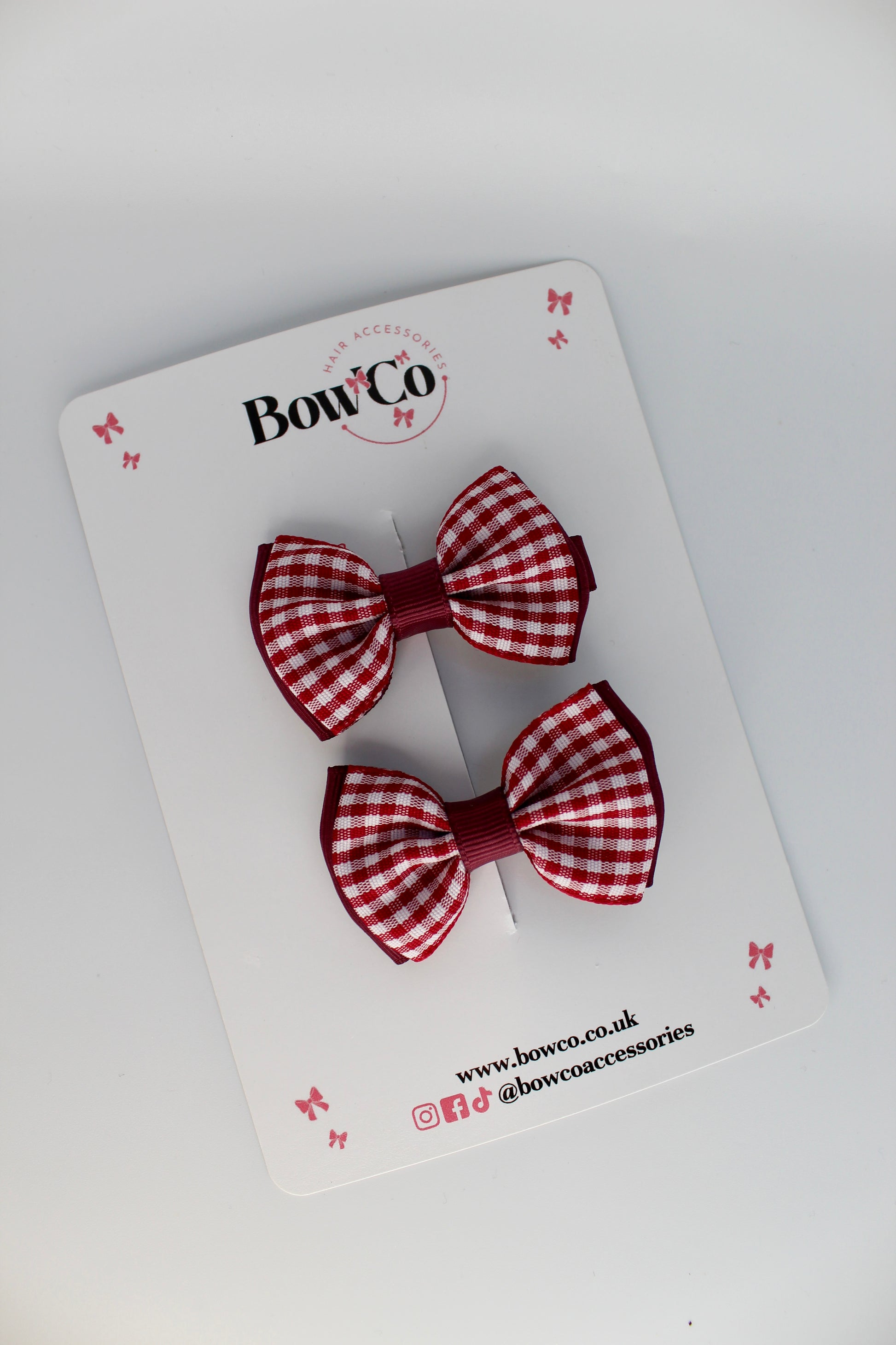 School Burgundy Gingham Double Lapel Bow Set - Clip
