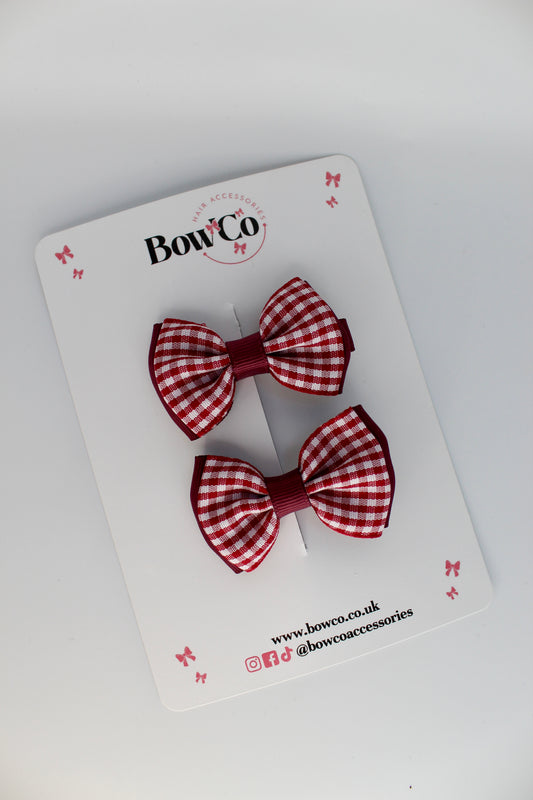 School Burgundy Gingham Double Lapel Bow Set - Clip