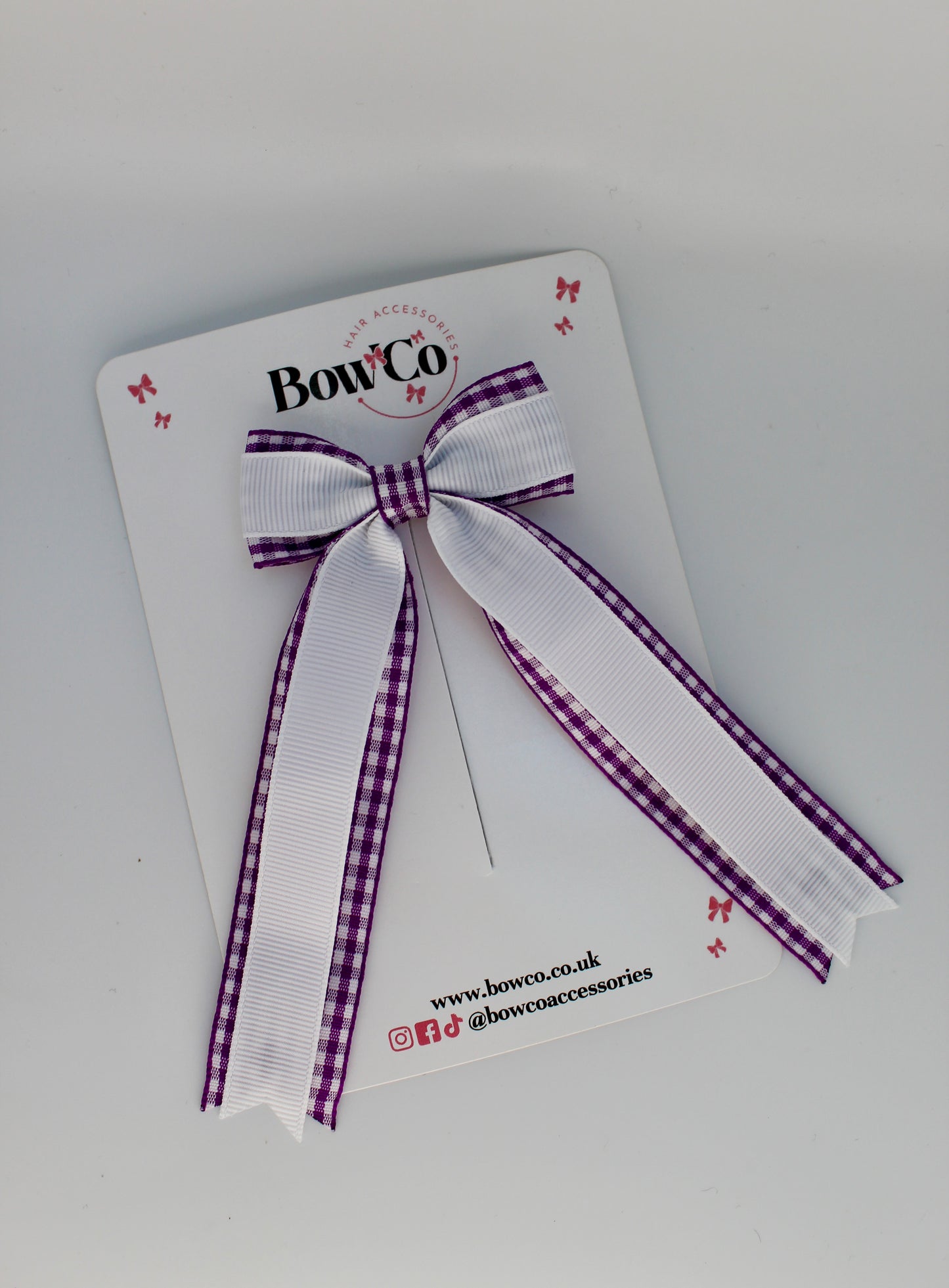 School Purple and White Gingham Tuxedo Tail Bow - Clip
