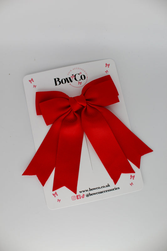 Double Ribbon Tail School Hair Bow – Clip - Red