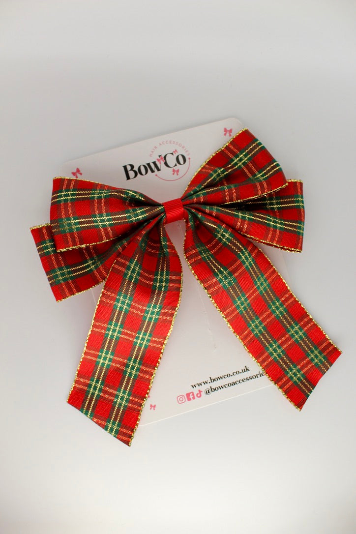 Classic Red Gold Tartan Tail XL Bow - 6 Inches