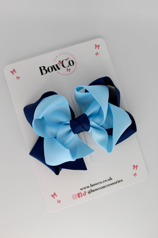 Double Loop School Hair Bow - Clip - Navy and Blue Topaz