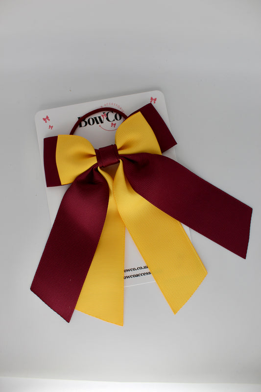Double Layer Tail Bow – Elastic - Burgundy and Yellow Gold