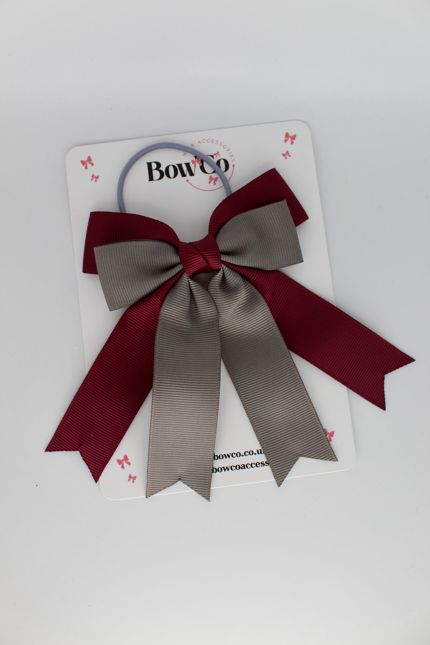 Double Ribbon Tail – Elastic - Burgundy and Metal Grey