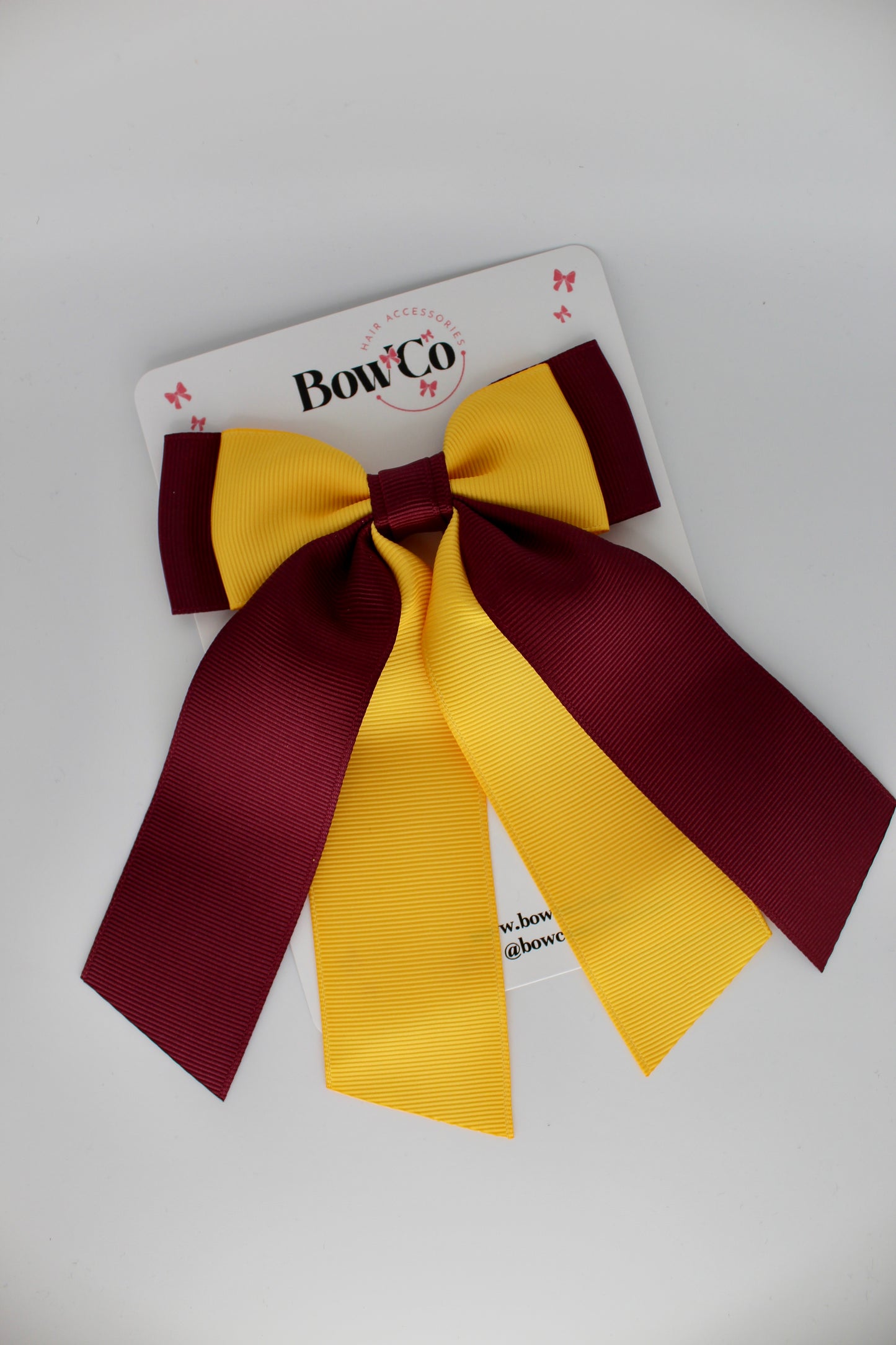 Double Layer Tail Bow - Clip - Burgundy and Yellow Gold