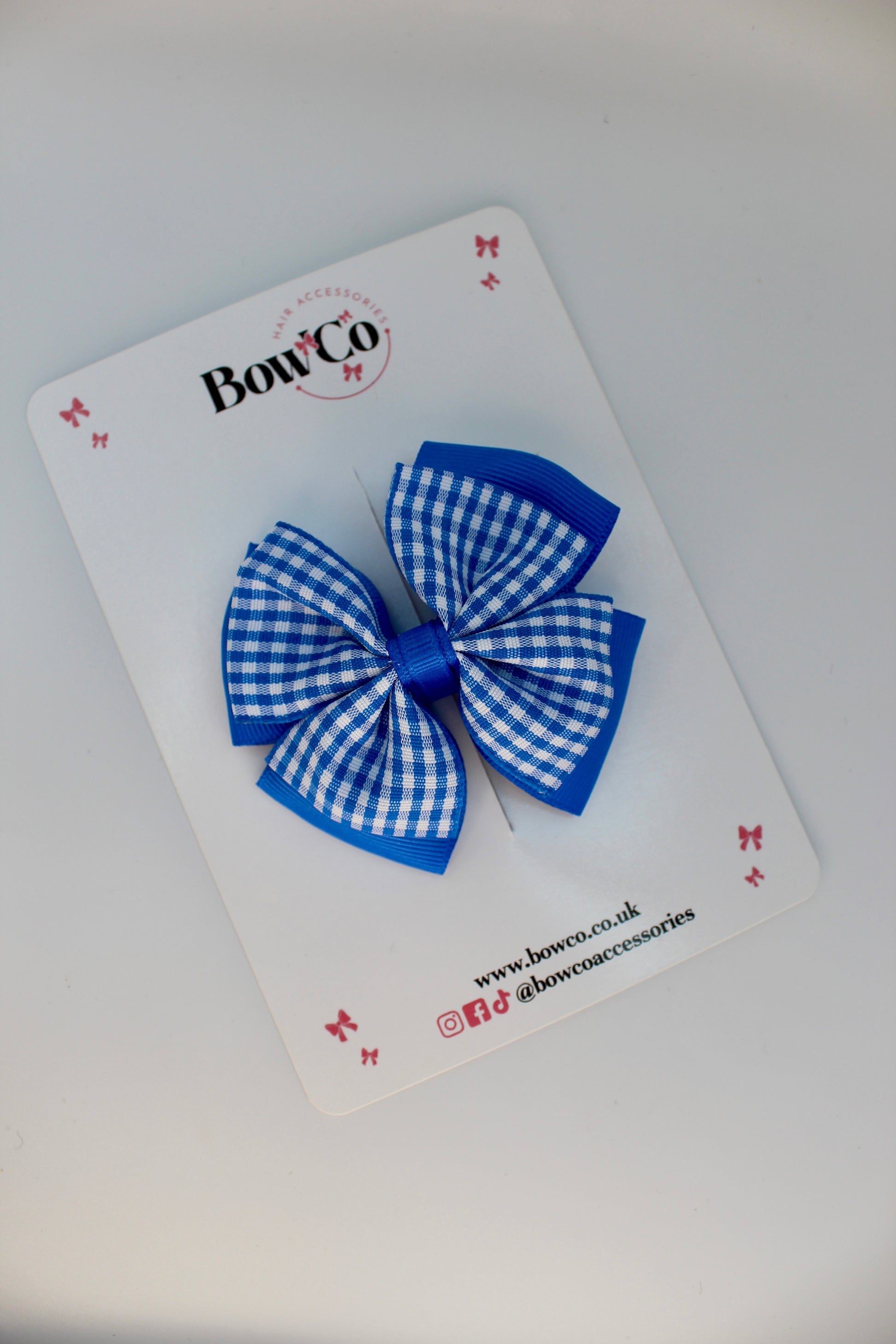 School Royal Blue Gingham Layer Edge Bow - Clip