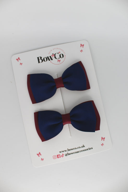 Double Lapel Bow Set - Clip - Navy Blue & Burgundy