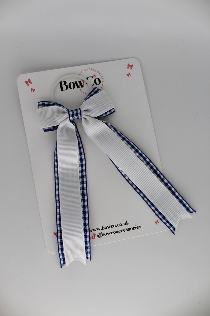 Tuxedo Tail Bow - School Bow Navy Blue Gingham - Elastic