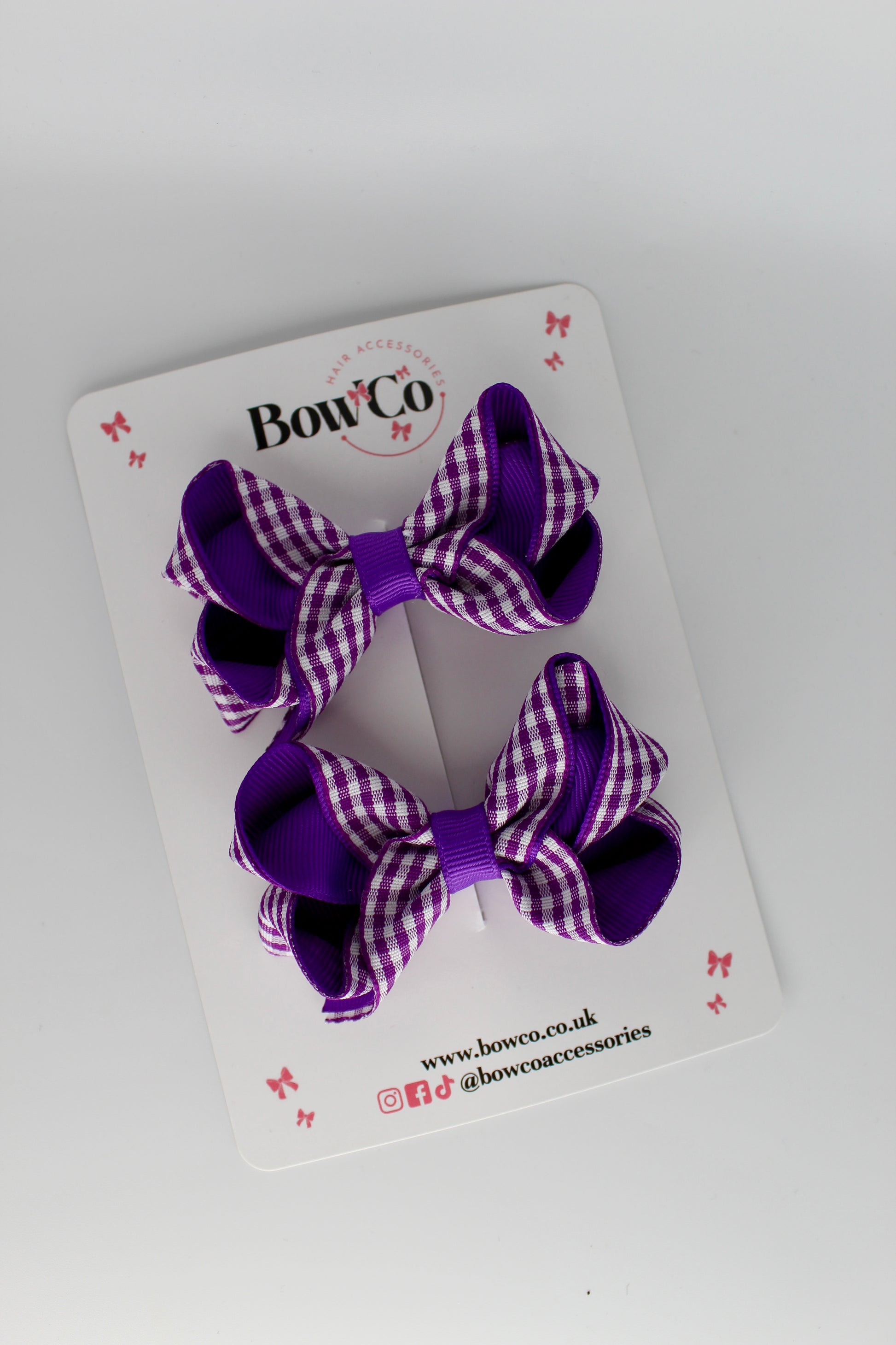 School Purple Gingham Loop Bow Set - Clip