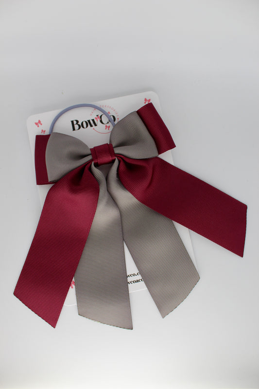 Double Layer Tail Bow – Elastic - Burgundy and Metal Grey