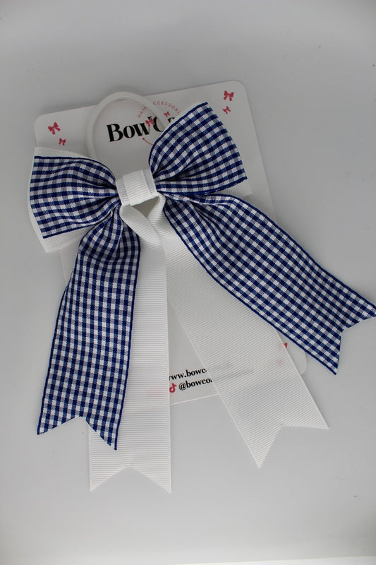 Classic Tail Bow - Navy Blue Gingham - Elastic