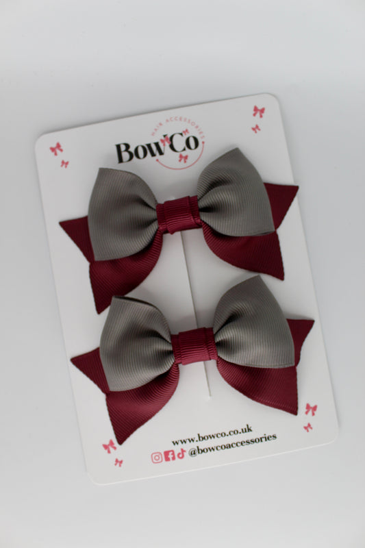 Double Knot Bow Tail Set - Clip - Burgundy and Metal Grey