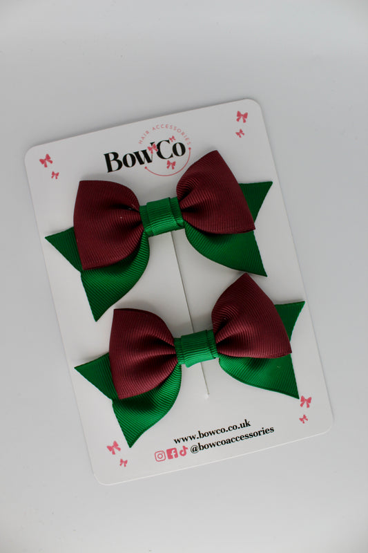 Double Knot Bow Tail Set - Clip - Forest Green and Burgundy