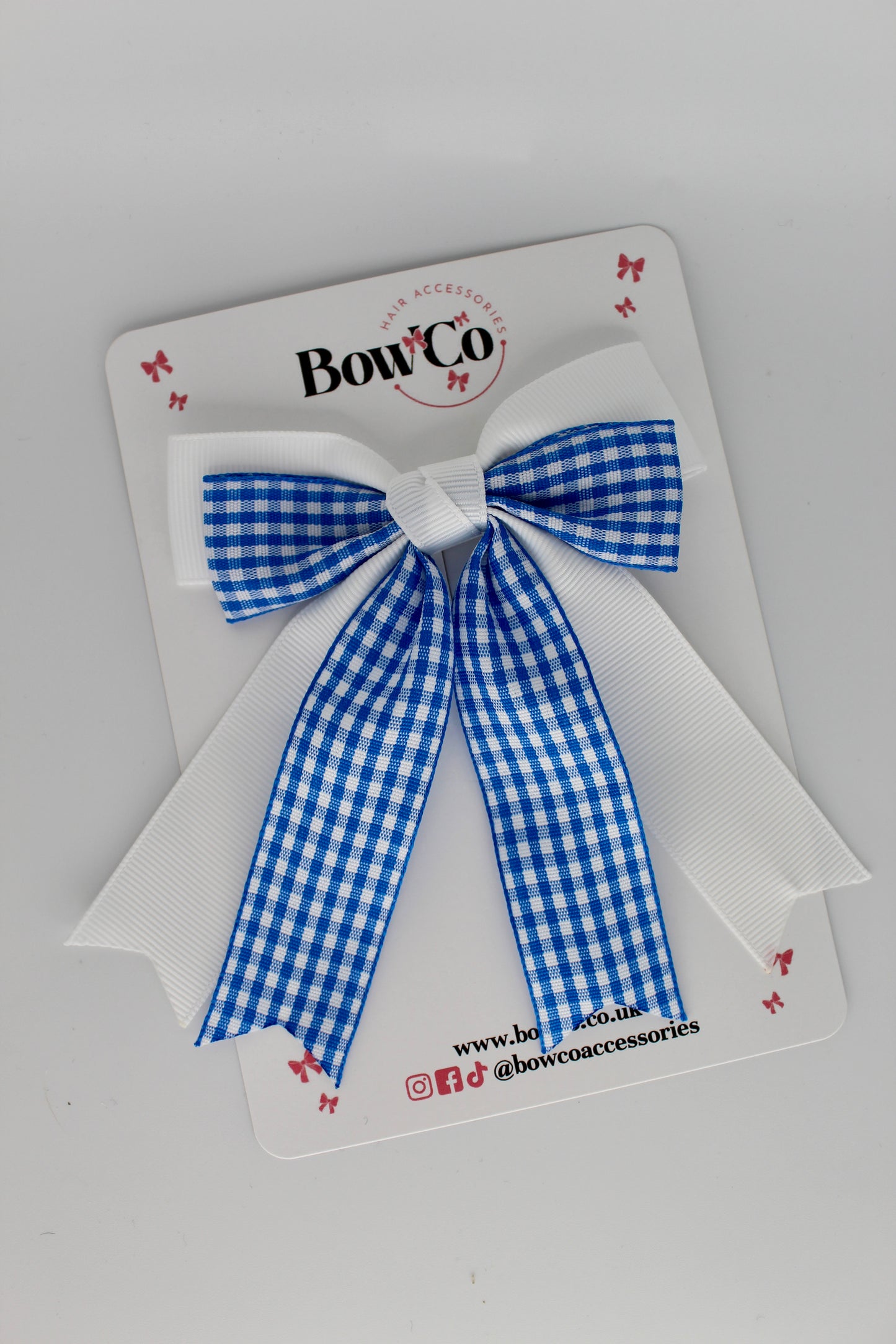 Double Ribbon Tail Bow - Royal Blue Gingham - Elastic
