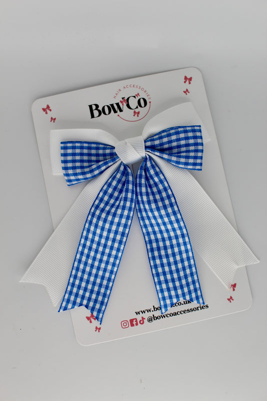 Double Ribbon Tail Bow - Royal Blue Gingham - Elastic