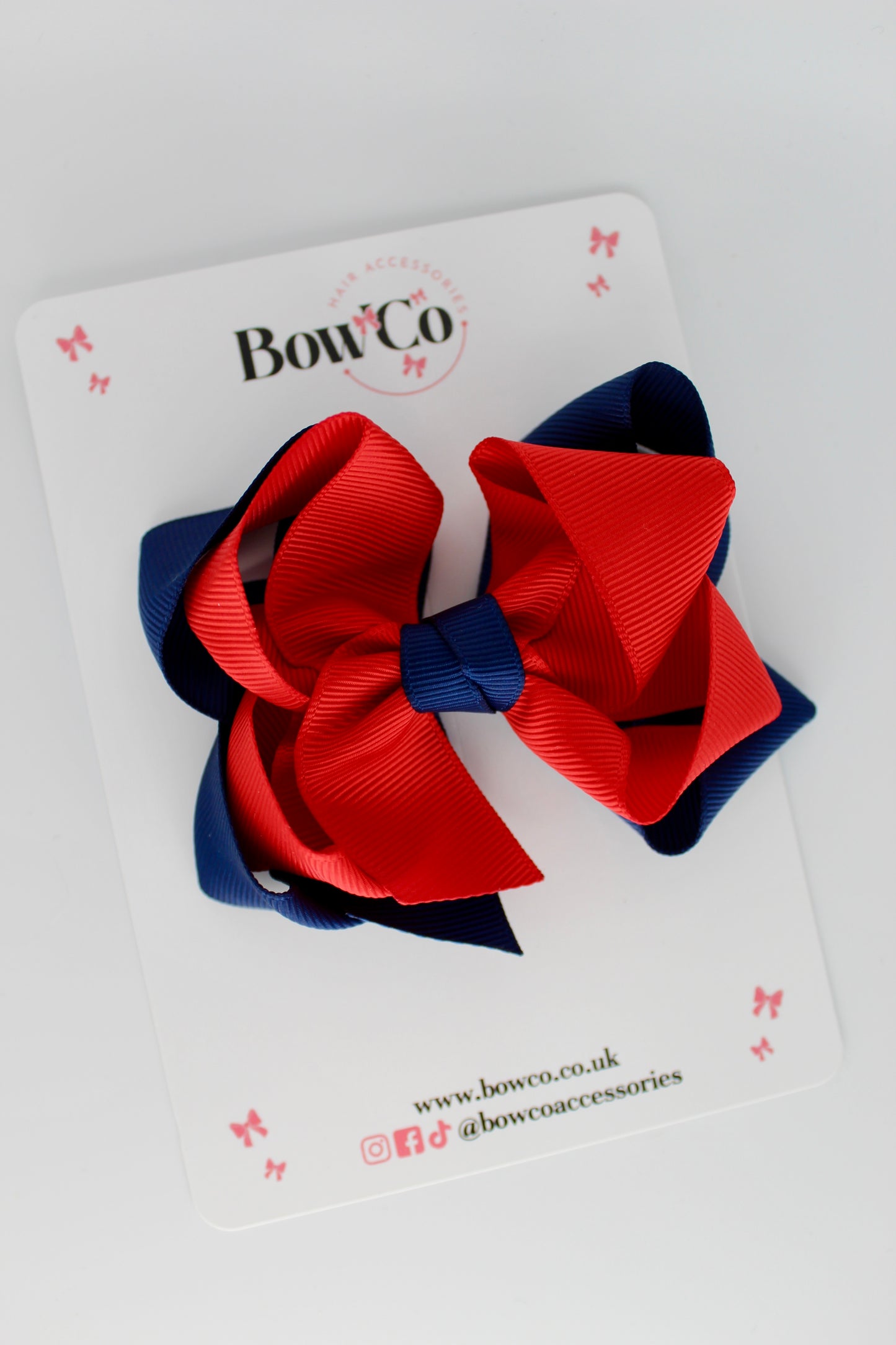 Double Loop School Hair Bow - Red and Navy Blue