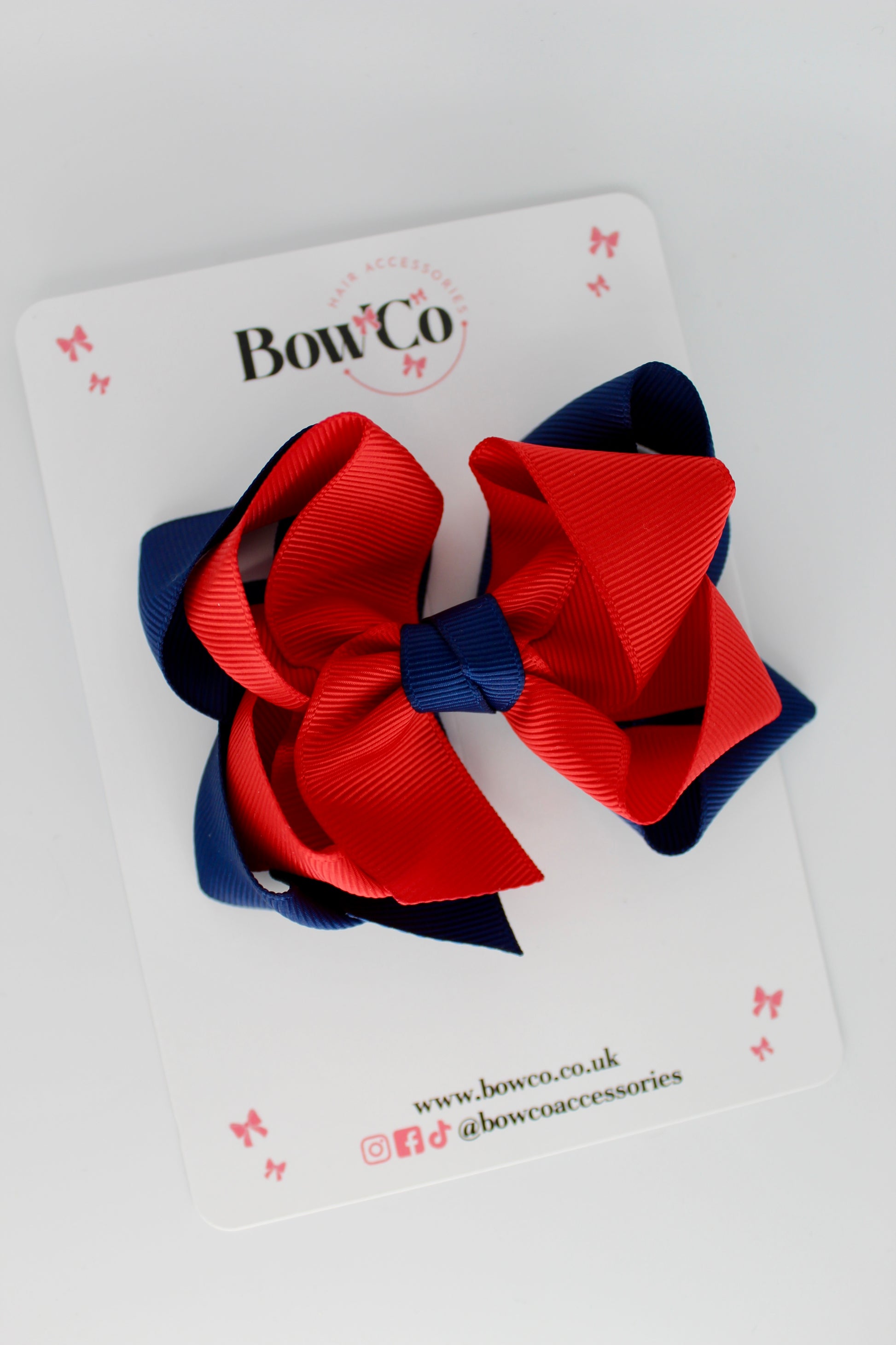 Double Loop School Hair Bow - Red and Navy Blue