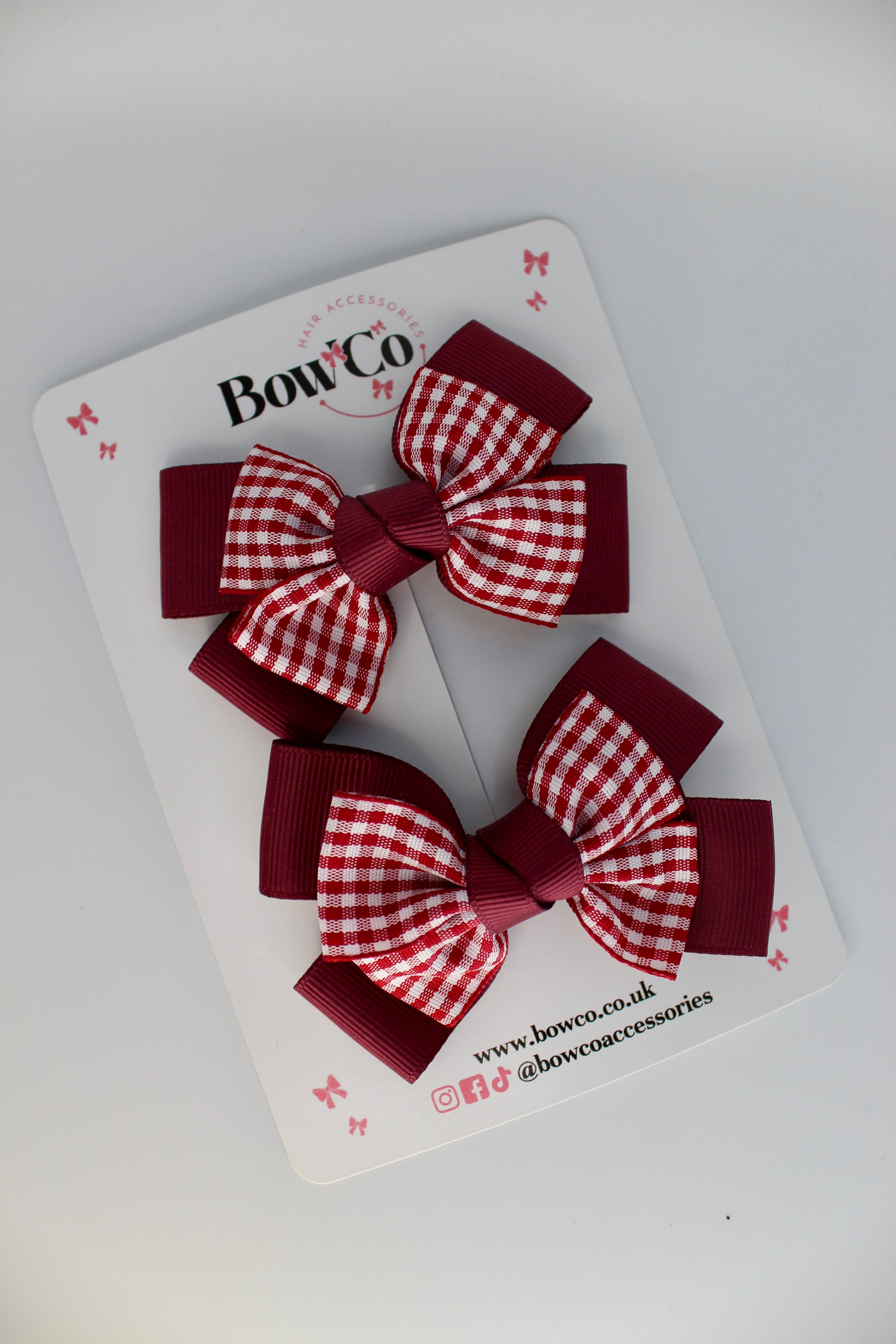School Burgundy Gingham Layer Bow Set - Clip
