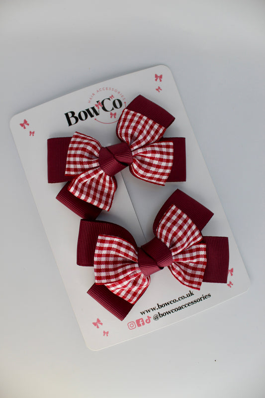 School Burgundy Gingham Layer Bow Set - Clip