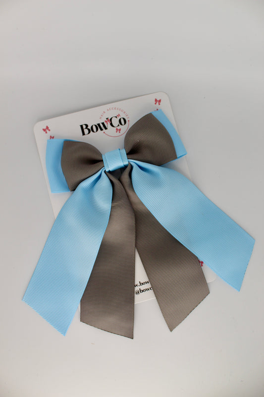 Double Layer Tail Bow - Clip - Blue Topaz and Metal Grey