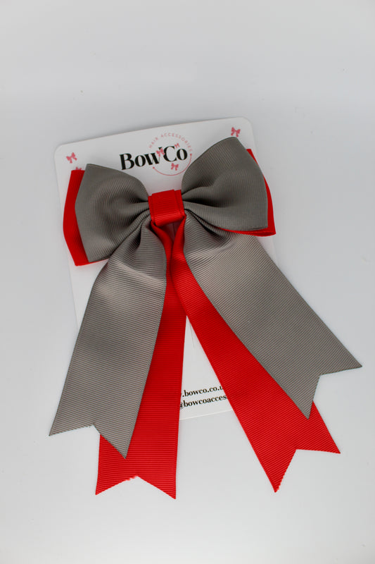 Classic Tail Bow - Clip - Red and Metal Grey