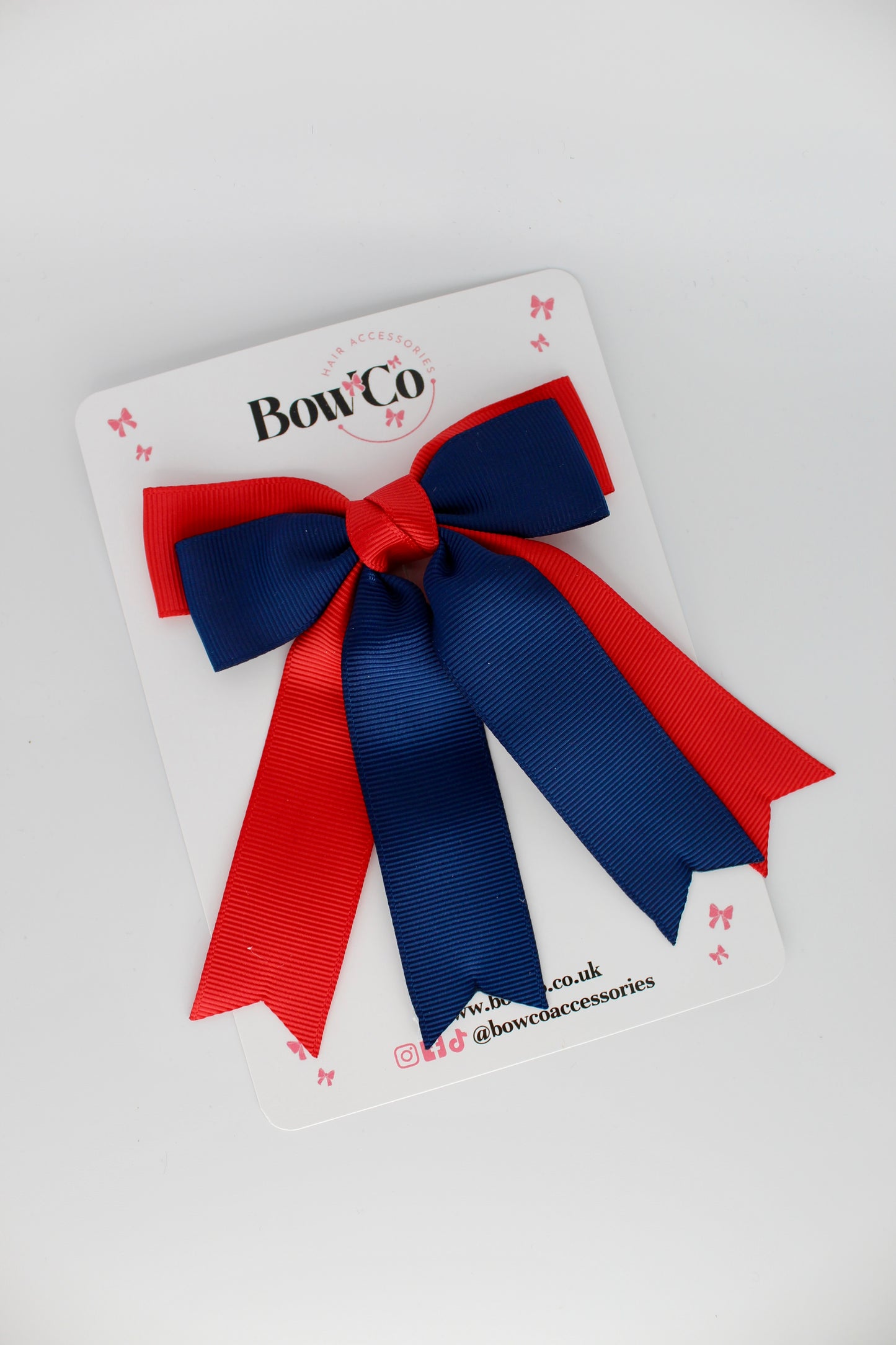 Double Ribbon Tail School Hair Bow – Clip - Red and Navy Blue